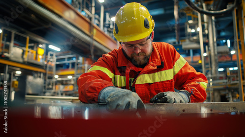 Worker inspecting machinery in a factory photo