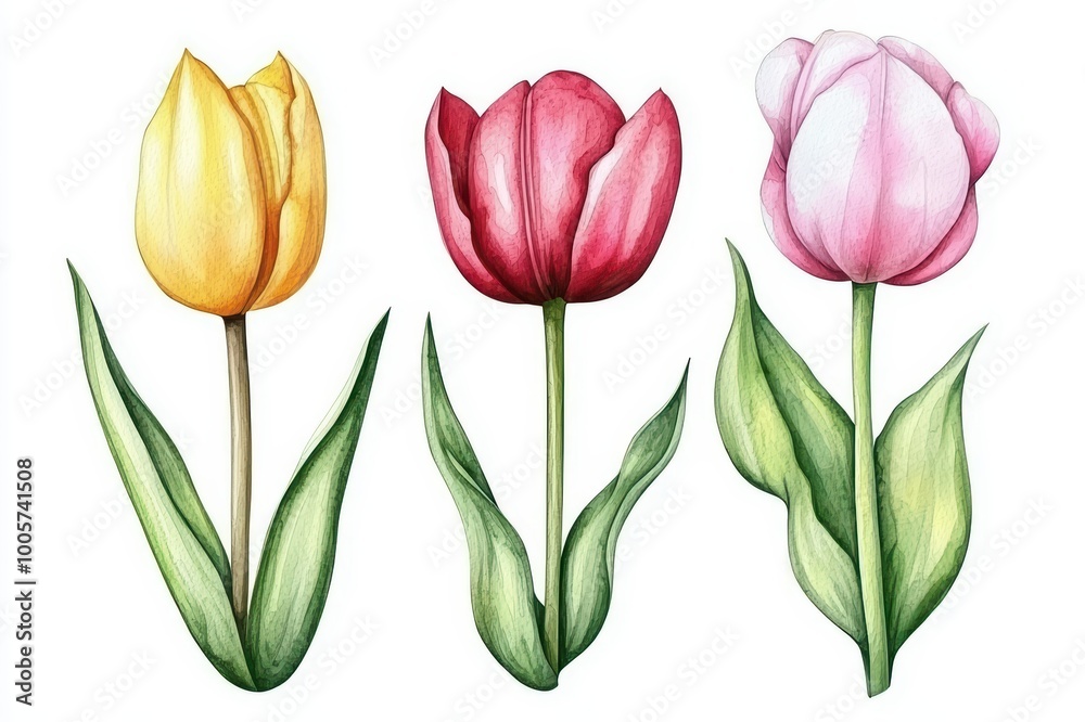 Three vibrant tulips in yellow, red, and pink with lush green leaves on a white isolated background. Three vibrant tulips in yellow, red, and pink with lush green leaves on a white isolated background.