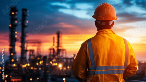 Worker observing industrial landscape at sunset