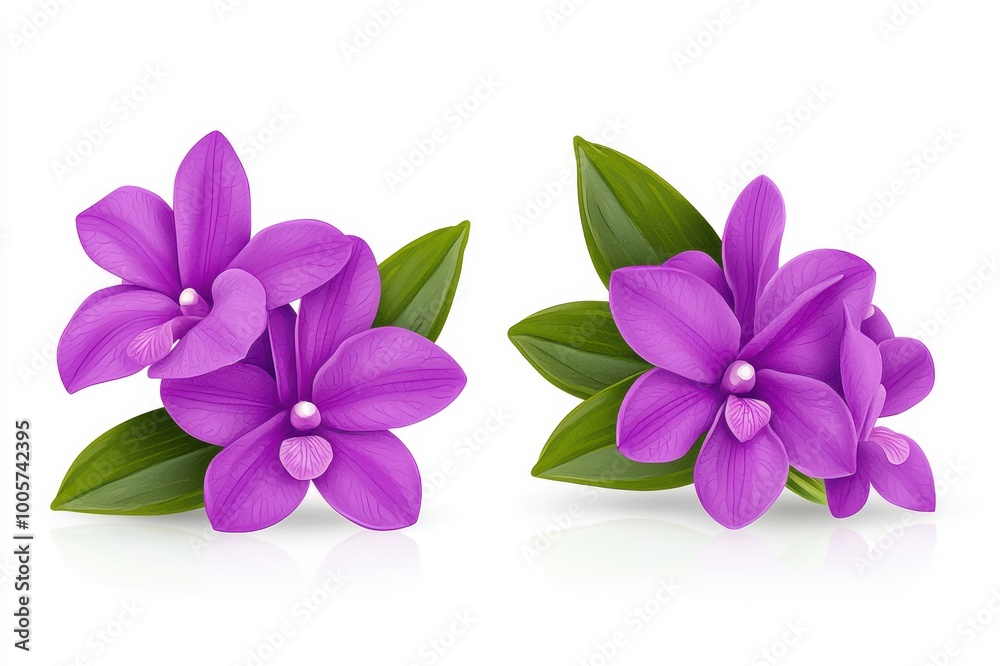 Obraz premium Vibrant purple orchids with lush green leaves on a white isolate background, perfect for floral designs and decor.