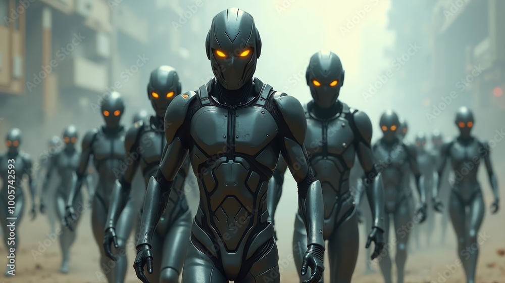Naklejka premium Futuristic Cybernetic Warriors with Metallic Bodies in Dystopian Battlefield