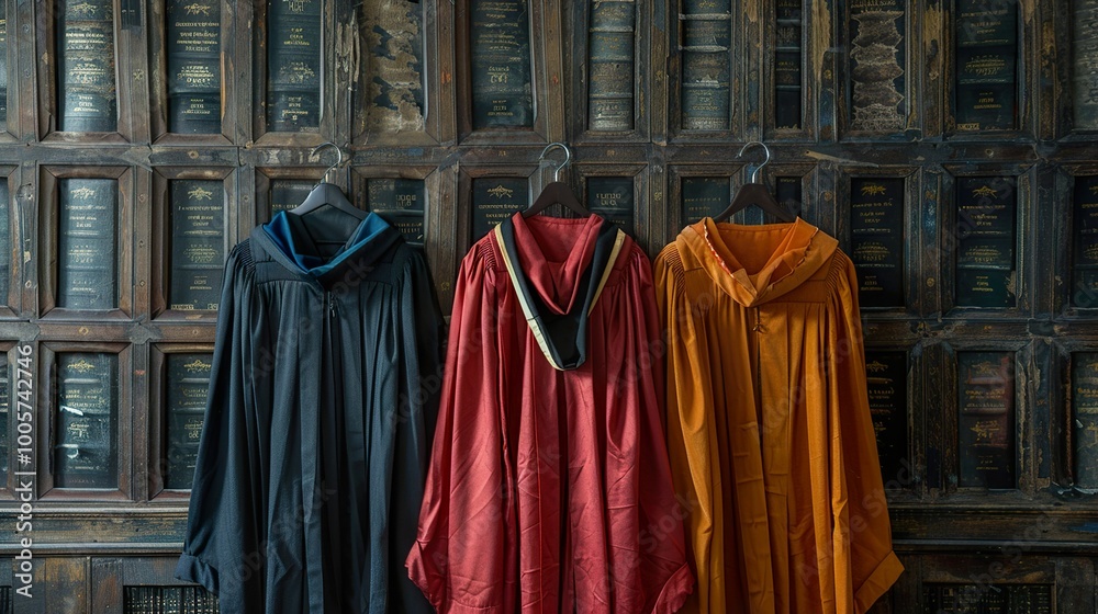 Naklejka premium Graduation Robes Hanging in a Library