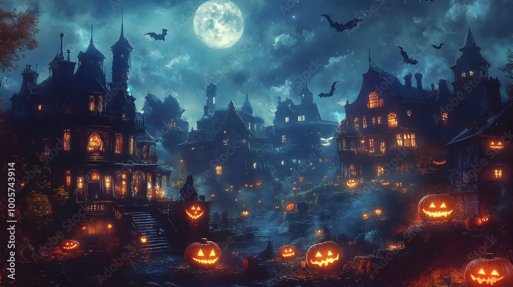 A spooky Halloween neighborhood with houses adorned with carved jack o lanterns mischievous ghosts floating through the air and wicked witches perched on the rooftops A spooky Halloween neighborhood with houses adorned with carved jack o lanterns mischievous ghosts floating through the air and wicked witches perched on the rooftops