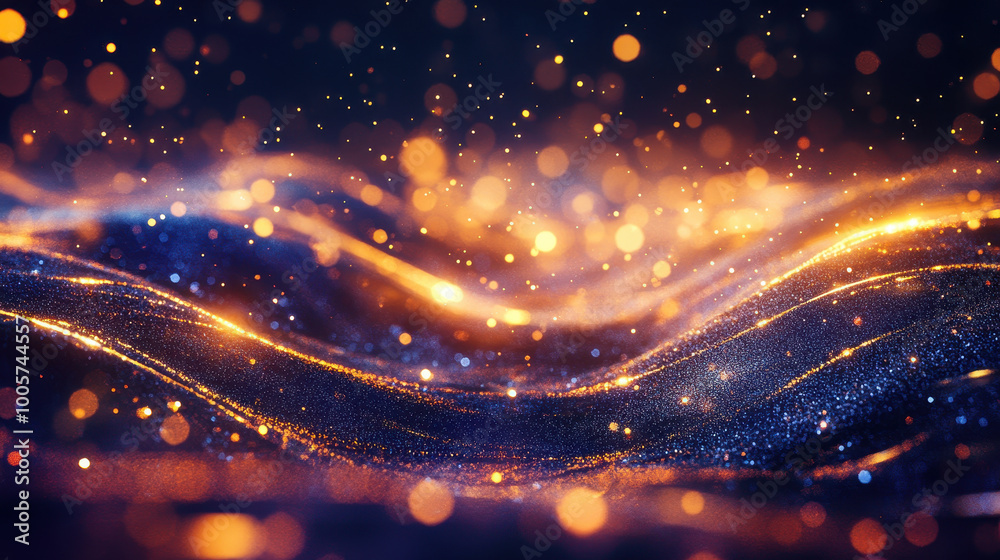 Obraz premium mesmerizing abstract background featuring shimmering waves of golden and blue light, creating sense of depth and movement. sparkling particles evoke feeling of magic and wonder