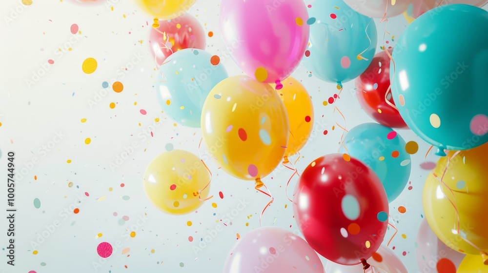 Playful image of amusement park balloons and streamers, popping against a blank white background Playful image of amusement park balloons and streamers, popping against a blank white background