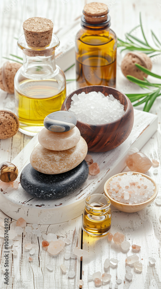Spa composition presenting natural oils, himalayan salt and balancing stones for wellness treatment Spa composition presenting natural oils, himalayan salt and balancing stones for wellness treatment