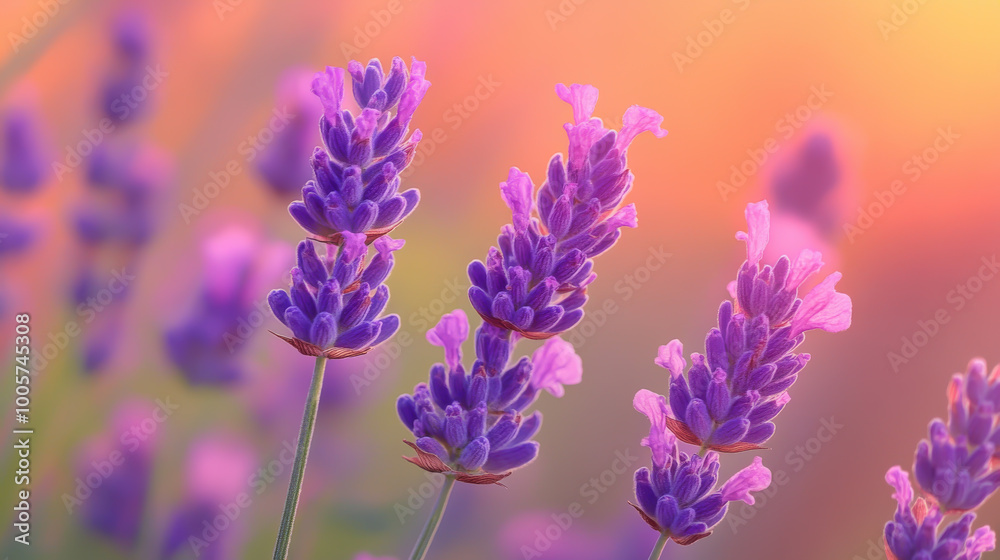 Obraz premium A bunch of purple lavender flowers are in a field. The flowers are in full bloom and are surrounded by green grass. The image has a peaceful and calming mood