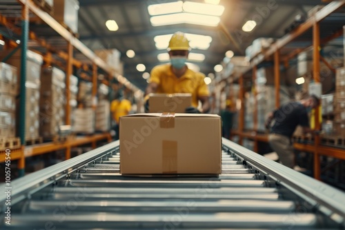 Workers transporting packages in an industrial warehouse during daytime operations