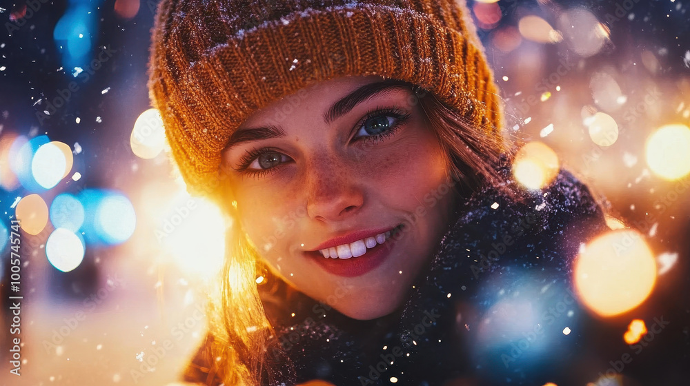 young woman smiles warmly in snowy setting, wearing cozy knitted hat and scarf. soft glow of lights and falling snowflakes create magical winter atmosphere young woman smiles warmly in snowy setting, wearing cozy knitted hat and scarf. soft glow of lights and falling snowflakes create magical winter atmosphere