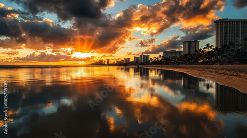 A beautiful sunset over the ocean with a reflection of the city skyline in the water