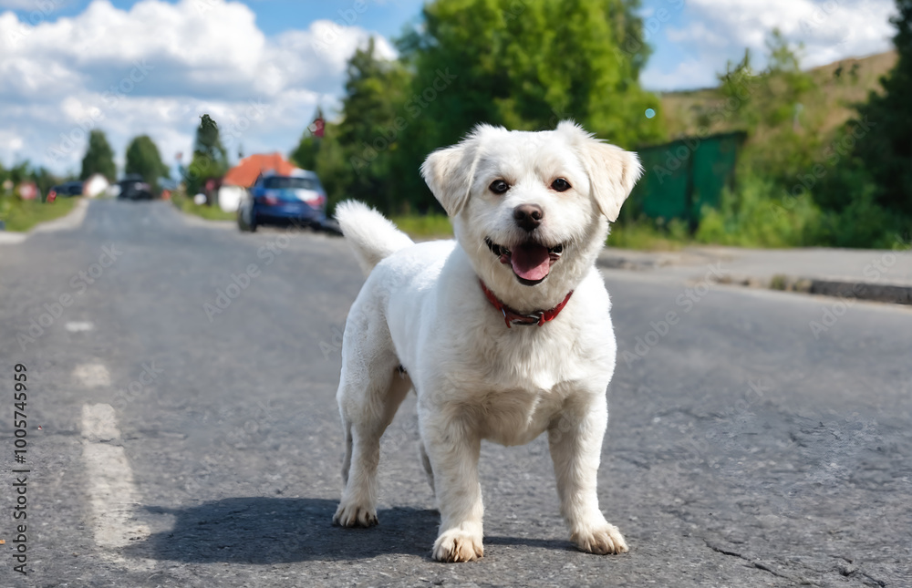 Funny dog on road street. Pets animals Funny dog on road street. Pets animals