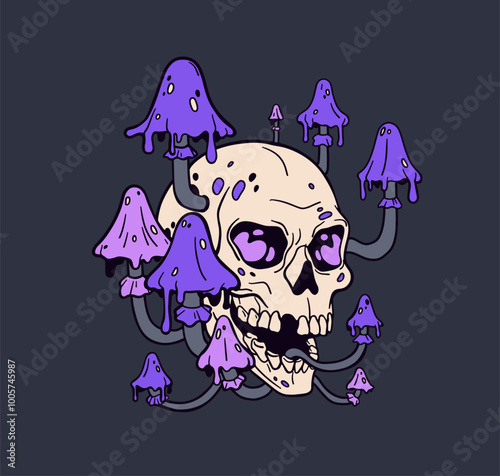 Skull with toxic mushrooms growing. Death, creepy spooky horror skeleton, dea...