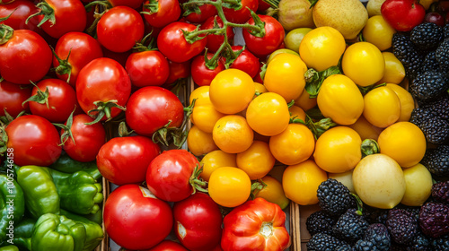 A colorful display of fruits and vegetables including tomatoes, peppers, and berries. Concept of abundance and freshness, inviting viewers to enjoy the healthy and delicious produce