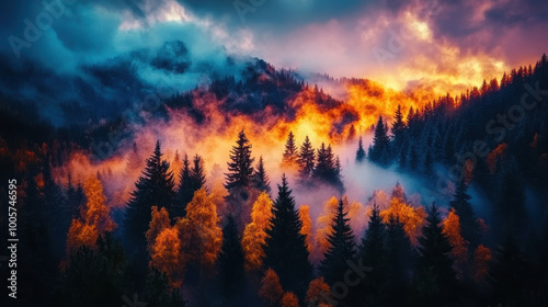 Breathtaking forest landscape at sunset, showcasing vibrant orange and yellow foliage amidst dark green pine trees, enveloped in mist and dramatic clouds