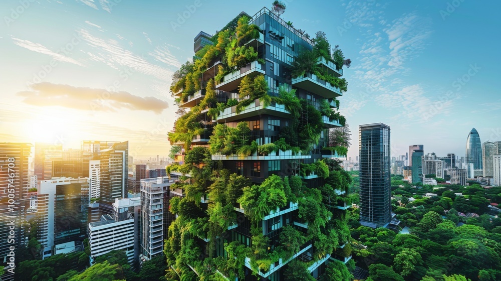 Obraz premium Energy efficient office building: High-rise office building with green roofs and vertical gardens, facade with solar panels, large windows with energy efficient glazing