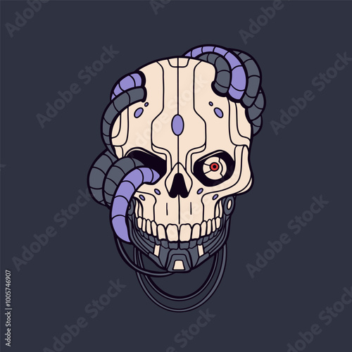 Robot skull with wires and cables, retro futuristic style. Vintage skeleton d...