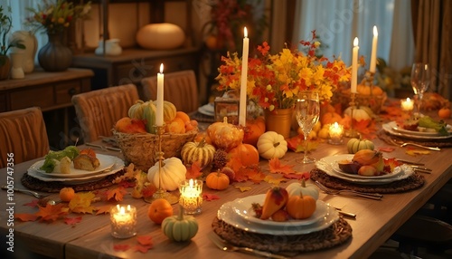 An autumn table setting featuring elegant dinnerware, white candles, and charming seasonal decorations, perfectly arranged for a festive celebration, creating a warm and inviting atmosphere