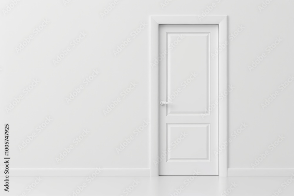 Simple white closed door in a minimalistic empty room. Simple white closed door in a minimalistic empty room.