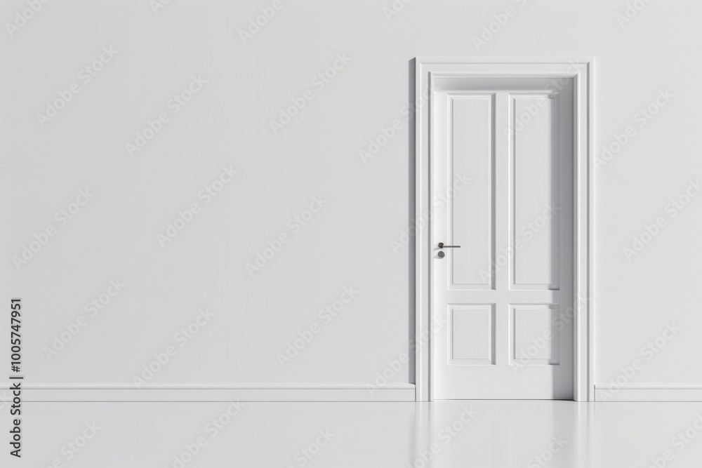 Simple white closed door in a minimalistic empty room. Simple white closed door in a minimalistic empty room.