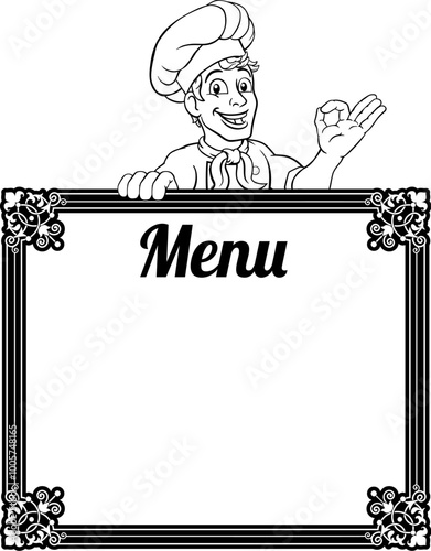 A chef cook or baker man cartoon character giving a perfect or okay chefs hand sign and peeking over a background menu sign