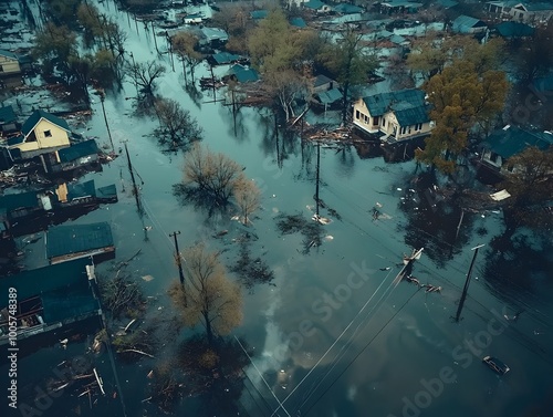 Aerial drone footage documents the widespread devastation caused by a catastrophic flood in a densely populated urban area photo