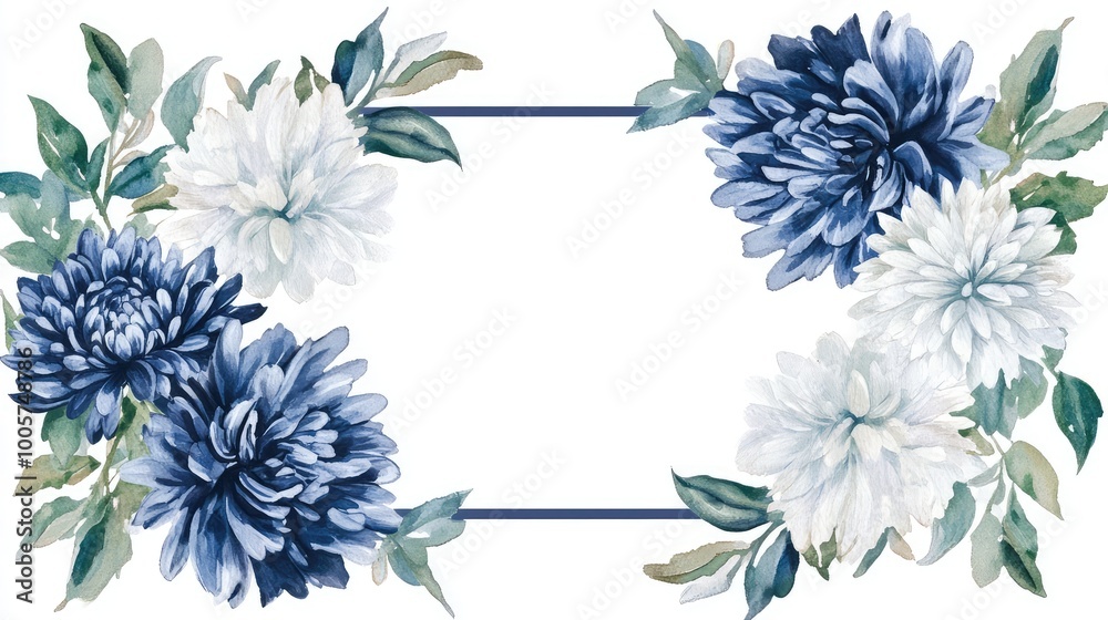 Obraz premium A rectangular border of navy blue, silver, and white chrysanthemums with lush green leaves, painted in a soft watercolor style on a clean white background.