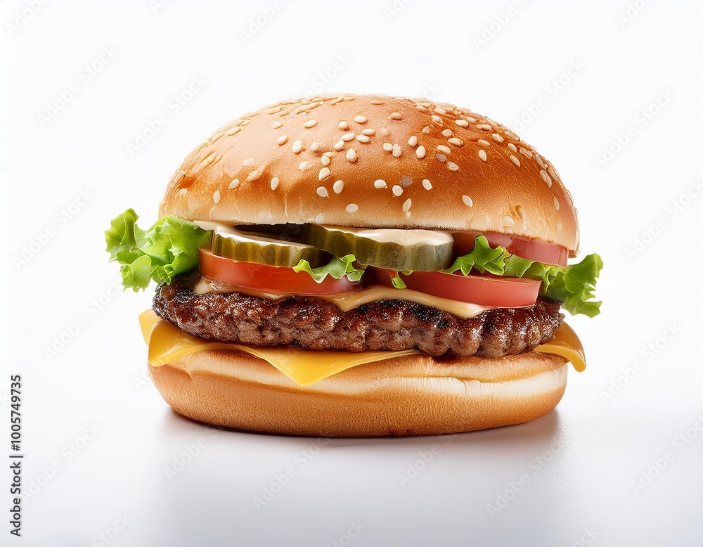 Juicy hamburger with beef patty, fresh lettuce, cheese slice, and ripe tomato on sesame seed bun isolated on white Juicy hamburger with beef patty, fresh lettuce, cheese slice, and ripe tomato on sesame seed bun isolated on white