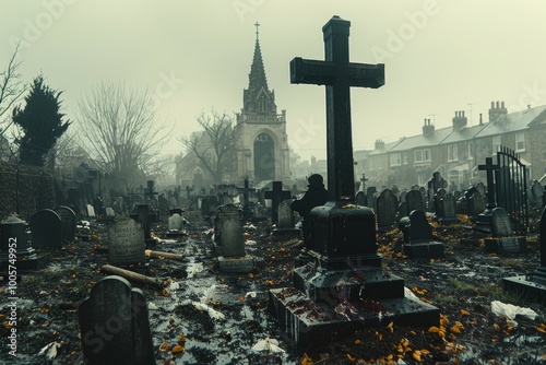 Eerie gothic cemetery gate depicted in dark, atmospheric watercolor art for haunting visuals photo