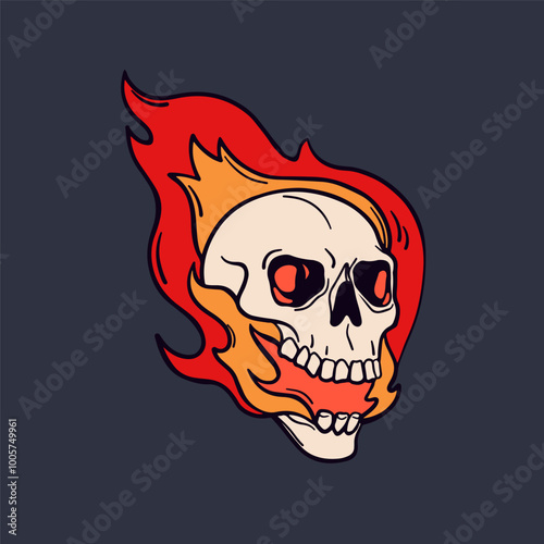 Burning skull in fire flames, death and horror symbol. Hot skeleton head with...