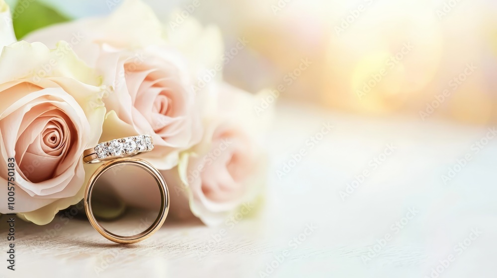 Elegant wedding rings displayed on a delicate pink rose bouquet. Elegant wedding rings displayed on a delicate pink rose bouquet.