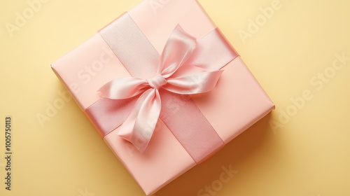 Delicate Pink Gift Box with Ribbon Bow on Yellow Background