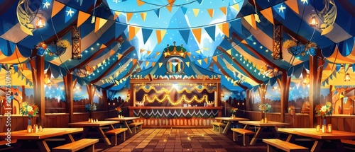 A beautifully decorated Oktoberfest beer tent with colorful banners and flags photo