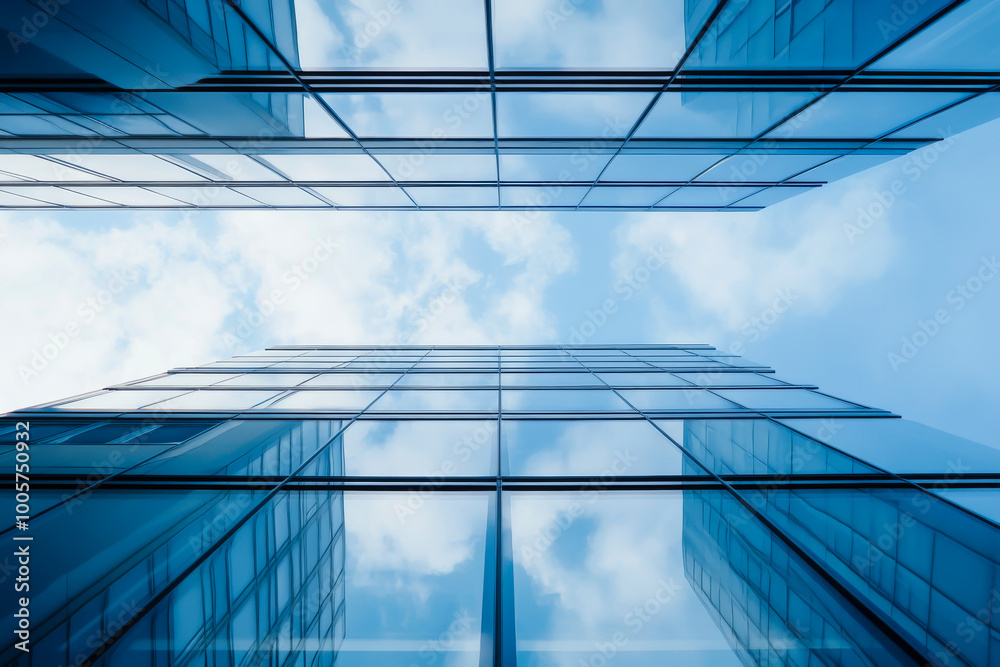 Obraz premium The sky is blue and the clouds are white. The buildings are tall and have many windows. The glass windows reflect the sky and clouds, creating a sense of depth and height