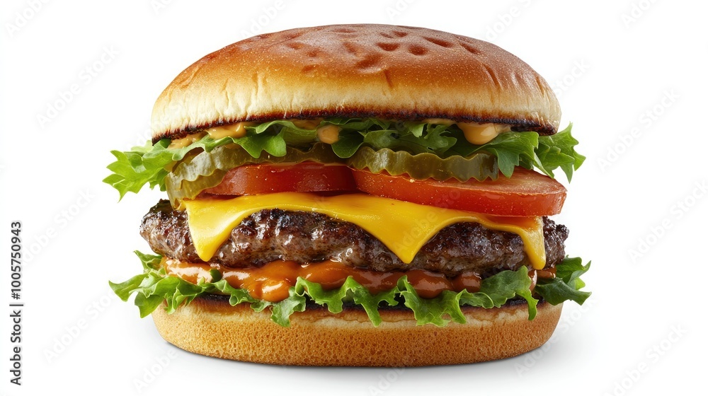 A delicious gourmet burger stacked high with fresh lettuce, juicy tomatoes, and melted cheese, presented on a clean white background for a mouthwatering appeal. A delicious gourmet burger stacked high with fresh lettuce, juicy tomatoes, and melted cheese, presented on a clean white background for a mouthwatering appeal.