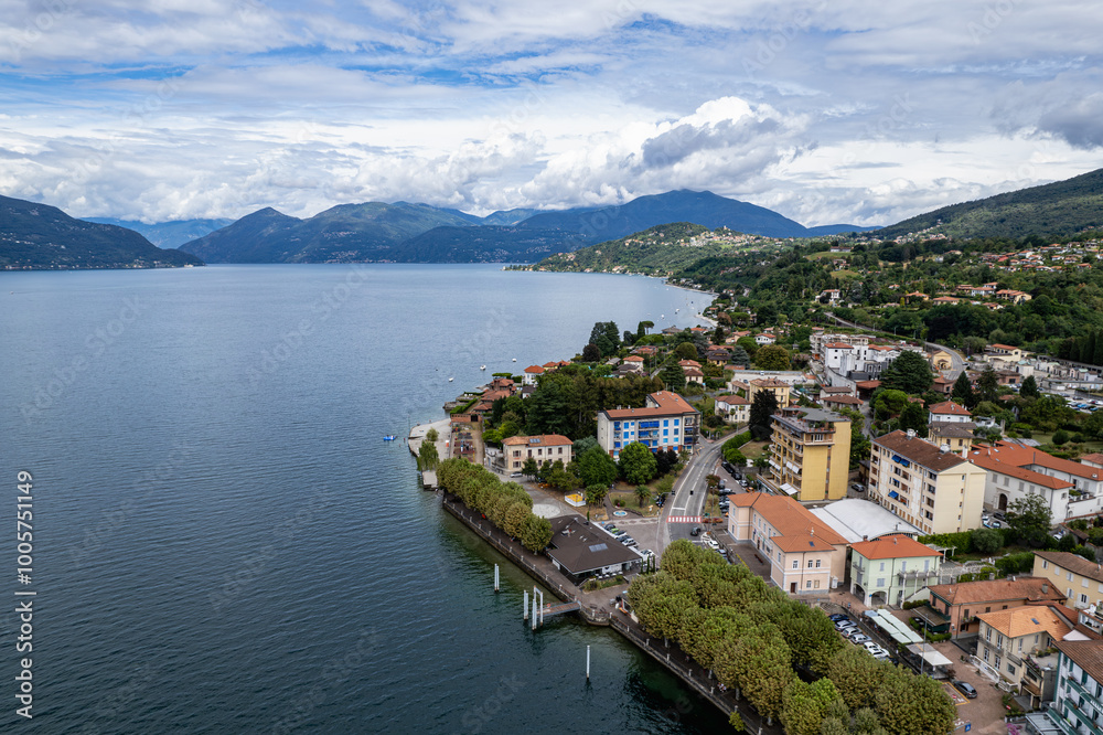 Fototapeta premium Lago Maggiore summer landscape, drone photo Italy 18.08.2024