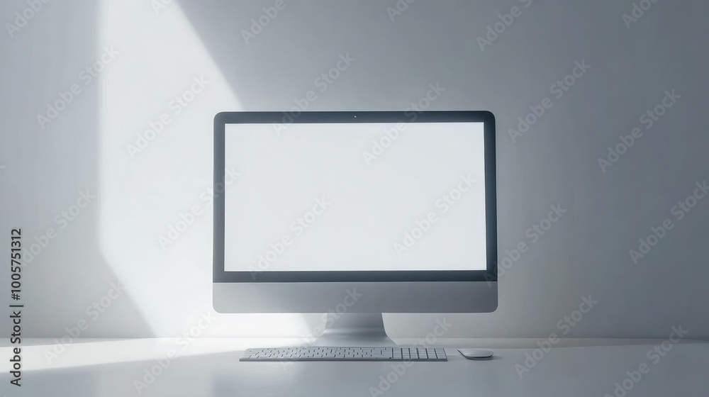 Fototapeta premium A desktop computer with a white screen on a sleek desk, set against a white background, creating a minimalistic and modern tech environment.