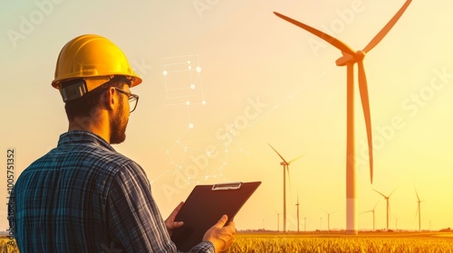 Engineer analyze wind turbine efficiency, with floating digital diagnostic graphs, wind farm stretching into horizon, advanced renewable energy analysis