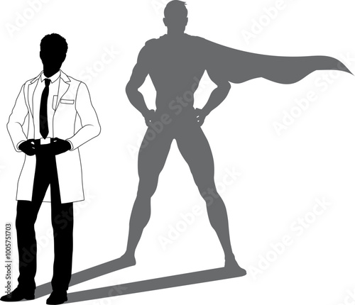 A superhero male scientist, engineer, doctor or teacher in a lab white coat man. Revealed by his shadow silhouette as a super hero in a cape.
