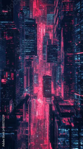 Futuristic Cyberpunk Cityscape with Neon Lights and High-Rise Buildings at Night