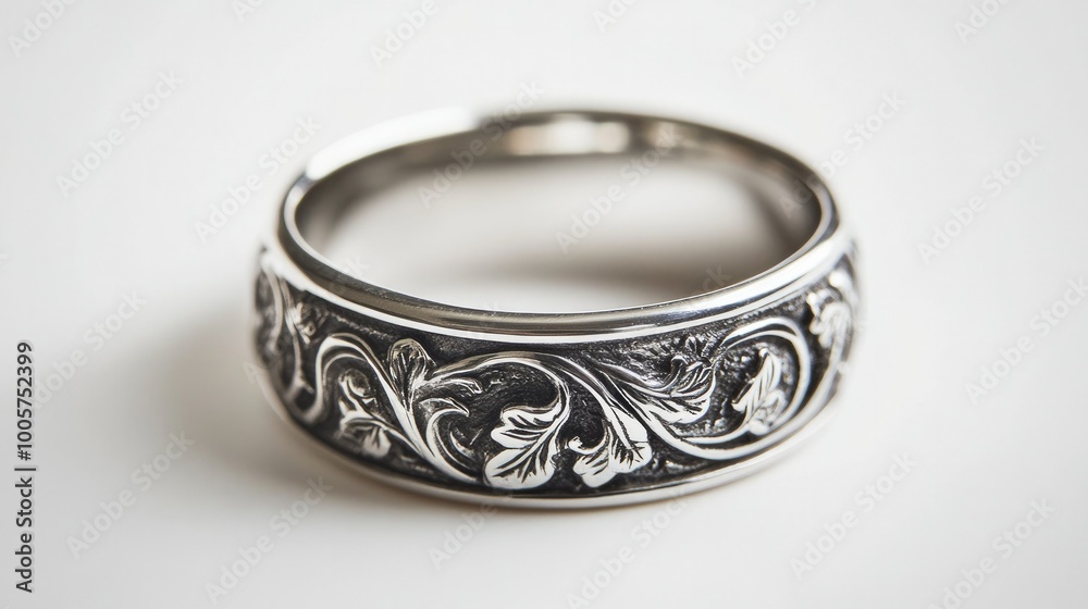 A detailed view of a silver ring with beautiful engravings, isolated on a clean white background, highlighting the skill and precision in its craftsmanship. A detailed view of a silver ring with beautiful engravings, isolated on a clean white background, highlighting the skill and precision in its craftsmanship.