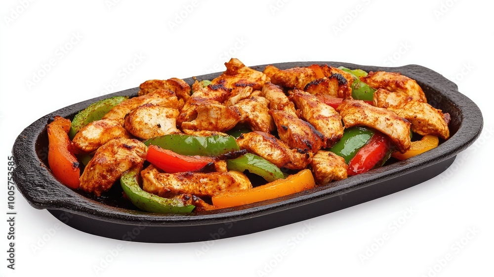 A flavorful chicken fajita platter with sizzling pieces of chicken and colorful bell peppers, presented on a bright white background for a fun presentation.