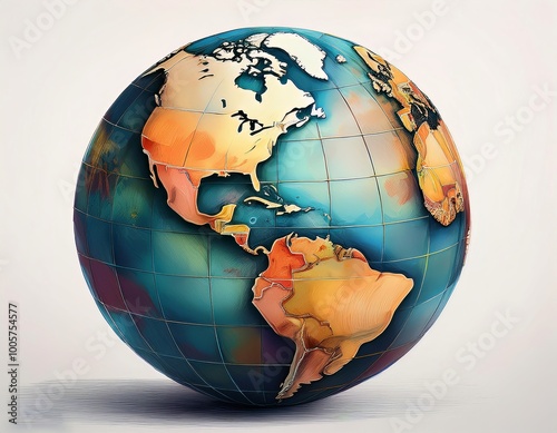 Stylized globe illustration highlighting the Western Hemisphere with warm tones and 3D grid lines, ideal for geography and travel themes