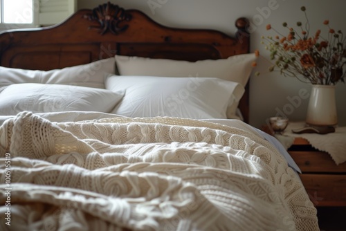 Cozy bedroom with soft bedding and dried flowers, creating a peaceful, serene space.