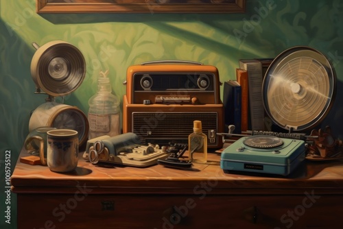 A vintage collection of radios and objects on a wooden table.