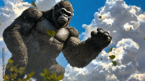 a king kong gorilla rampages in the forest, white clouds, blue sky, king kong rampage in jungle, gorilla rampage, footage, 4k footage, videos, video clip, slow motion, video wallpaper, animation, 4k photo