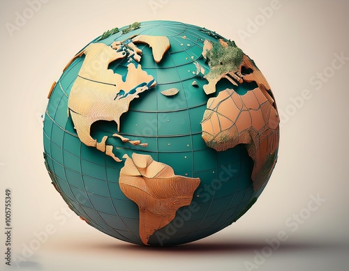 Stylized globe illustration highlighting the Western Hemisphere with warm tones and 3D grid lines, ideal for geography and travel themes photo