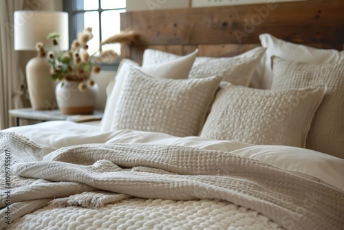 Cozy bedroom with soft bedding and dried flowers, creating a peaceful, serene space.