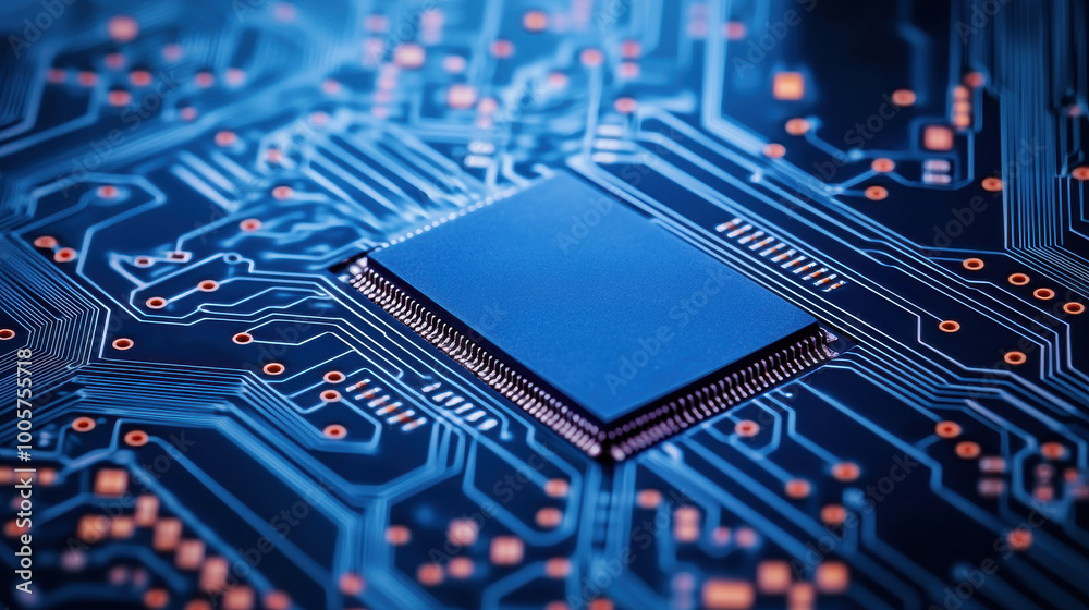 Close-up of a microchip on a blue circuit board with glowing lines and dots.
