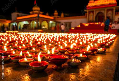 Festival of Lights Euphoria: Diwali Celebration Backdrop. Serene temple premises illuminated by hundreds of DIYA candles, creating a warm ambiance amidst ancient temples. photo