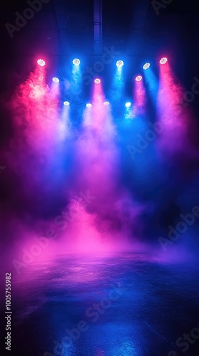 Empty Stage with Colorful Spotlights, Fog Effect, and Purple-Blue Lights for Presentation or Concert